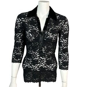 Y2K Whimsigoth Emo Lace Top Cache Small Black Floral Collared Dark Academia